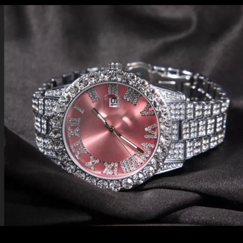 Silver pink  watch ,THE HIP HOP Big Dial Full Iced Out ,Men Watches